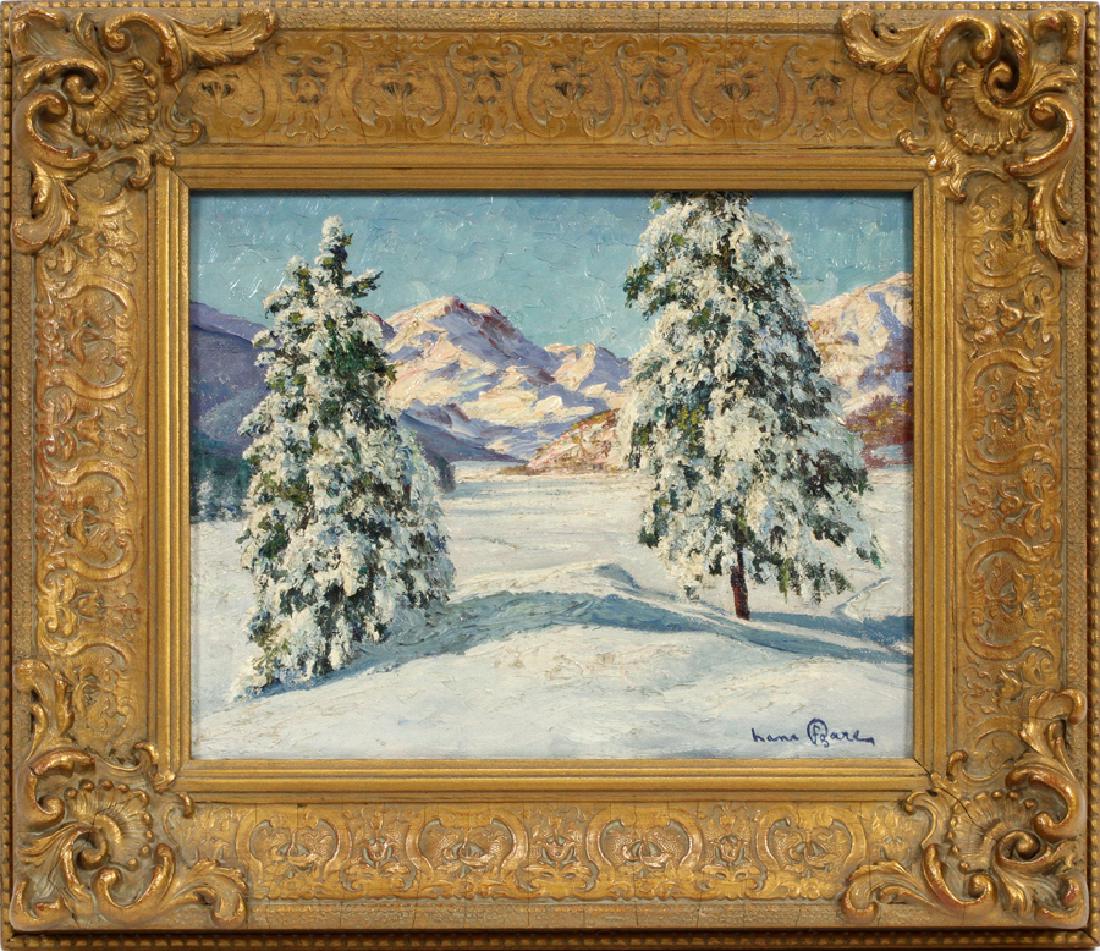 HANS FIGURA, OIL ON CANVAS TYROL ALPS: HANS FIGURA, OIL ON CANVAS, H 8", W 9 1/2", D 5", TYROL ALPS :Depicting a sunny snowy landscape with trees in the foreground and mountains in the background.