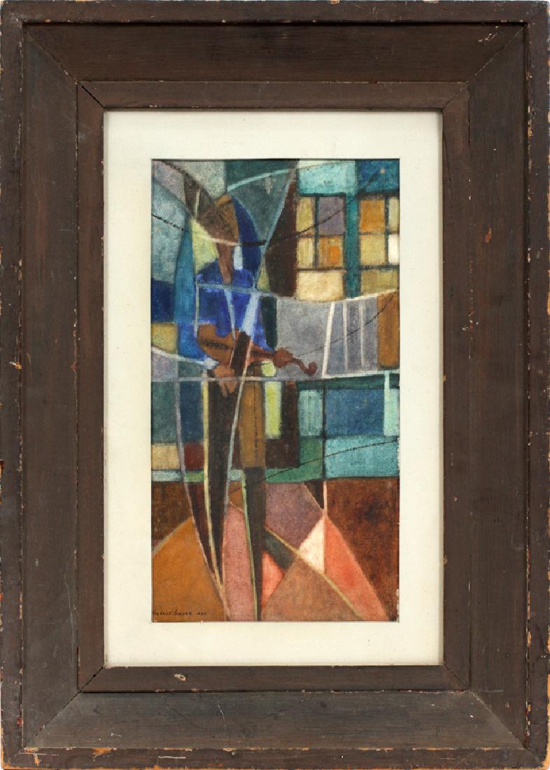 FREDERICK SIMPER WATERCOLOR ON PAPER: FREDERICK SIMPER (AMERICAN, B. 1914), WATERCOLOR ON PAPER, 1950, SIGHT: H 14", W 7", ABSTRACT OF A VIOLINIST :Signed and dated lower left; cubist style; framed 23" x 16 1/2".