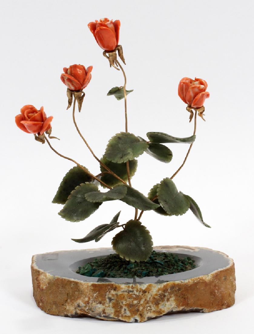 RUSSIAN MALACHITE, JADE, CORAL, BRONZE, FLOWER: UNSIGNED RUSSIAN MALACHITE, JADE, CORAL, BRONZE, GEODE FLOWER STUDY H 8.5" DIA 6.5" :Bronze, spinach jade, and red coral stone flower grouping in polished geode slice with malachite rock chips. Bronze