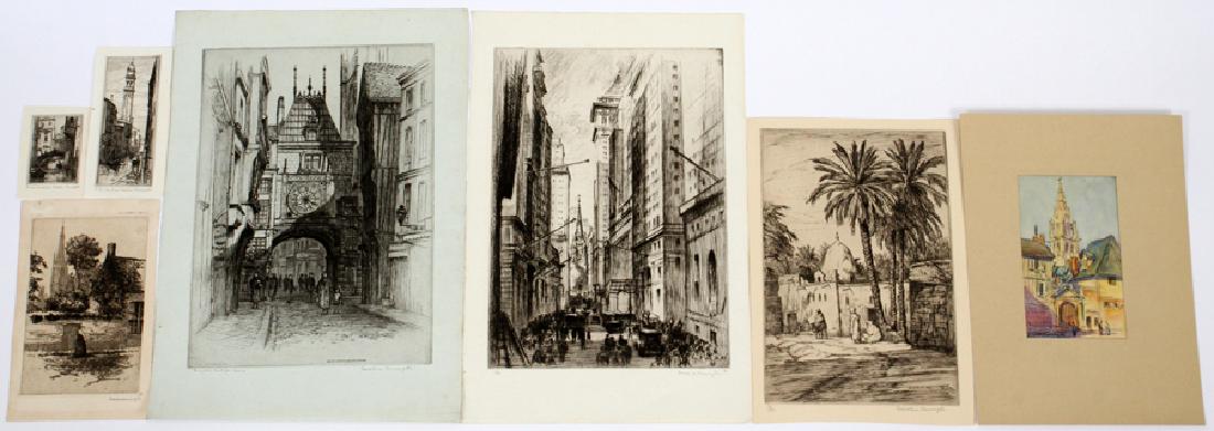 FRANKLIN & CAROLINE ARMINGTON ETCHINGS &WATERCOLOR: FRANKLIN & CAROLINE ARMINGTON (CANADIAN, 19/20TH), ETCHINGS & WATERCOLOR, 7 PCS, H 3"-12", L 2"-8.75", URBANSCAPES & LOVE NOTES :A collection of six loose drypoint etchings and one watercolor painting