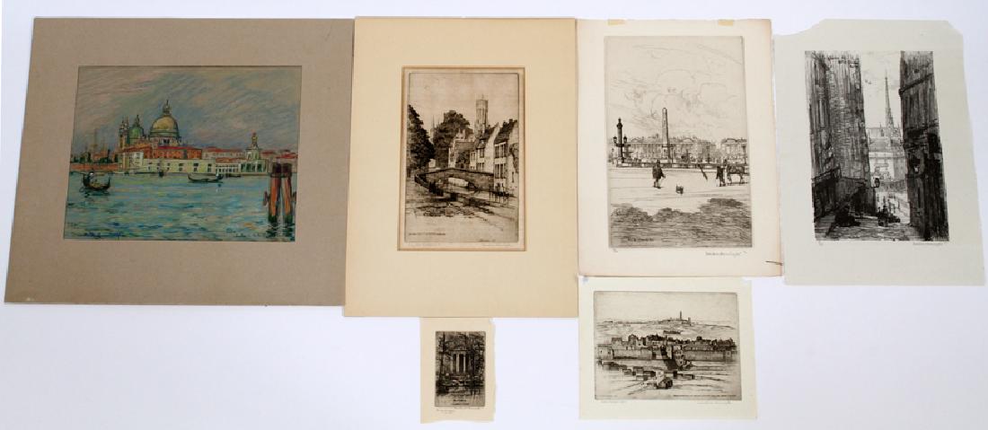 FRANKLIN & CAROLINE ARMINGTON PRINTS & DRAWING: FRANKLIN & CAROLINE ARMINGTON (CANADIAN, 19/20TH), PRINTS & DRAWING, 6 PCS, H 3.5"-10.5", L 2.5"-11", URBANSCAPES & LOVE NOTES :A collection of four loose drypoint etchings, one lithograph and one cha