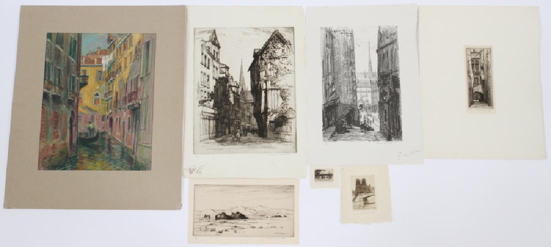 FRANKLIN & CAROLINE ARMINGTON PRINTS & DRAWING: FRANKLIN & CAROLINE ARMINGTON (CANADIAN, 19/20TH), PRINTS & DRAWING, 7 PCS, H 1"-11.5", L 1.5"-9", URBANSCAPES & LOVE NOTES :A collection of five loose drypoint etchings, one lithograph and one chalk