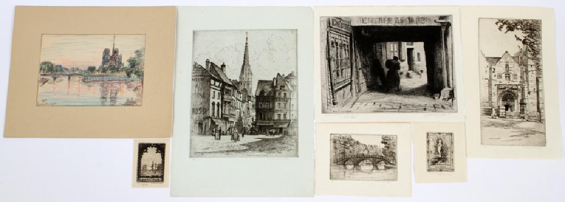 FRANKLIN & CAROLINE ARMINGTON ETCHINGS & DRAWING: FRANKLIN & CAROLINE ARMINGTON (CANADIAN, 19/20TH), ETCHINGS & DRAWING, 7 PCS, H 3"-10.5", L 2.25"-10.5", URBANSCAPES & LOVE NOTES :A collection of six loose drypoint etchings and one chalk pastel draw