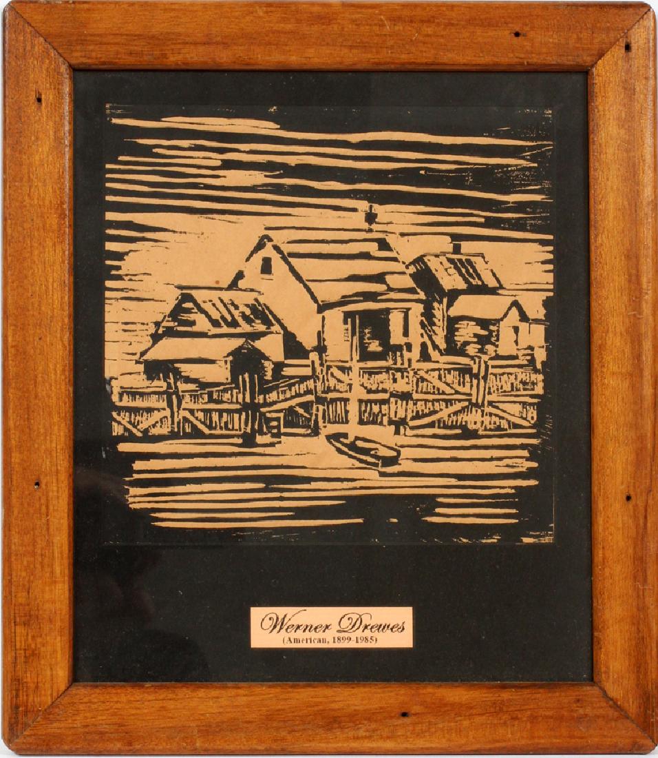 WERNER DREWES, WOODCUT, H 9.5", W 10", HOUSES: WERNER DREWES, WOODCUT, H 9.5", W 10", HOUSES :American 1899 - 1985. Black on buff paper. Not signed. Framed.