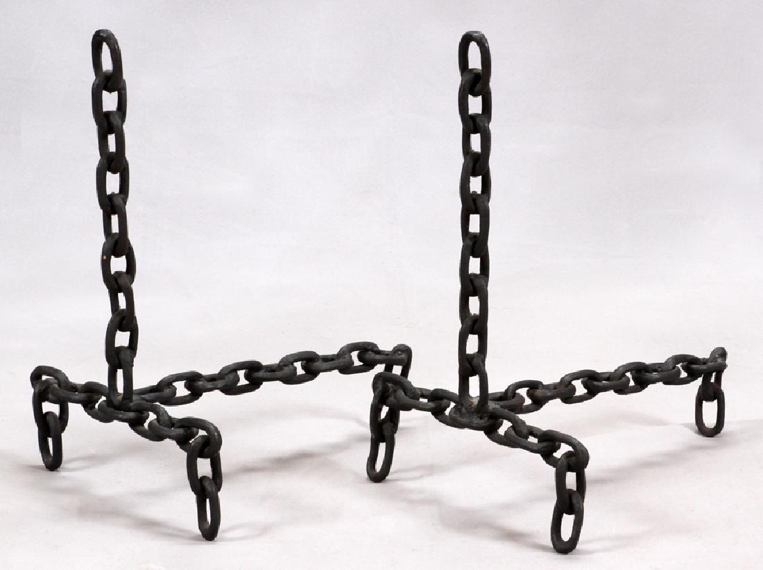 IRON CHAIN FORM ANDIRONS, 20TH C., PAIR: IRON CHAIN FORM ANDIRONS, 20TH C., PAIR, H 19", D 16" :