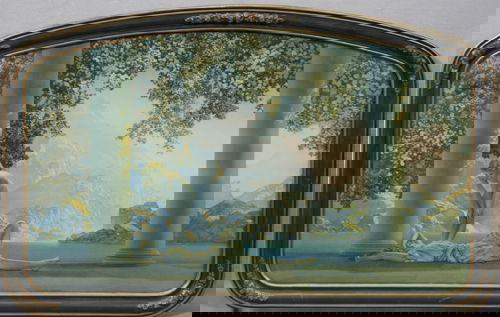 MAXFIELD PARRISH, PRINT, H. 18'' X L. 30'' " DAY: MAXFIELD PARRISH, PRINT, H. 18'' X L. 30'' " DAYBREAK'' Label on back, Adam Meldrum & Co., Buffalo, N.Y.