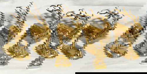 ENGLISH BRASS FIGURES OF SIX SAMBA DEER, 19TH CEN: ENGLISH BRASS FIGURES OF SIX SAMBA DEER, 19TH CENTURY, H 5", L 4 1/2", PLUS TWO OTHER DEER, H 2 1/2" Seven pieces total. Ex estate Robert Burrows