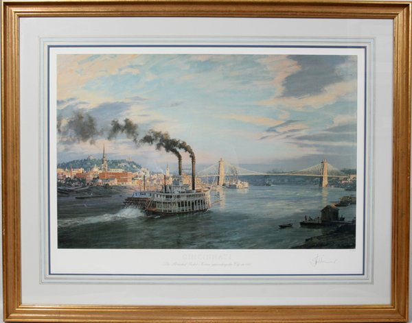 JOHN STOBART LITHOGRAPH, "CINCINNATI...1888": JOHN STOBART, LITHOGRAPH, "CINCINNATI: THE STERN WHEEL PACKET 'HUDSON' ARRIVING IN 1888", 18" X 28":Signed at the lower right corner; framed. From the collection of Caroline and James Duff, Lakeshore