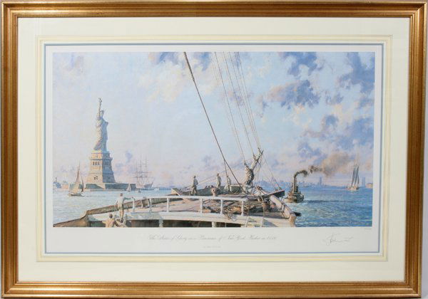JOHN STOBART LITHOGRAPH, STATUE OF LIBERTY: JOHN STOBART, LITHOGRAPH, "THE STATUE OF LIBERTY, NEW YORK HARBOR IN 1886", 17½" X 33":Signed at the lower right corner; framed. From the collection of Caroline and James Duff, Lakeshore Dr., Grosse