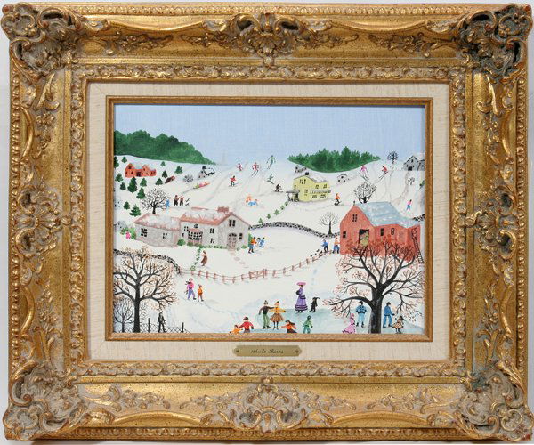 SHEILA BURNS OIL ON CANVAS, 'WINTER SETTING': SHEILA BURNS, OIL ON CANVAS, 'WINTER SETTING', 1979, 8" X 11":Primitive style winter landscape with people at various pursuits, including skiing and ice skating, signed and dated lower right, framed.