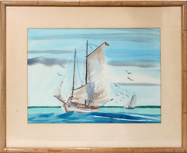 JOHN WARD, WATERCOLOR, 1949, 17"x24": JOHN WARD, WATERCOLOR, 1949, 17" X 24":Signed and dated lower left, matted under glass, framed.