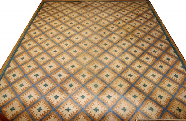 EDWARD FIELDS WOOL CARPET, 13'7"x11'10": EDWARD FIELDS WOOL CARPET, 13' 7" X 11' 10":Having an ivory and beige ground with an overall green diamond and leaf pattern. Provenance, Estate of Josephine Ford, Grosse Pointe Farms, Mich. (rev.20071