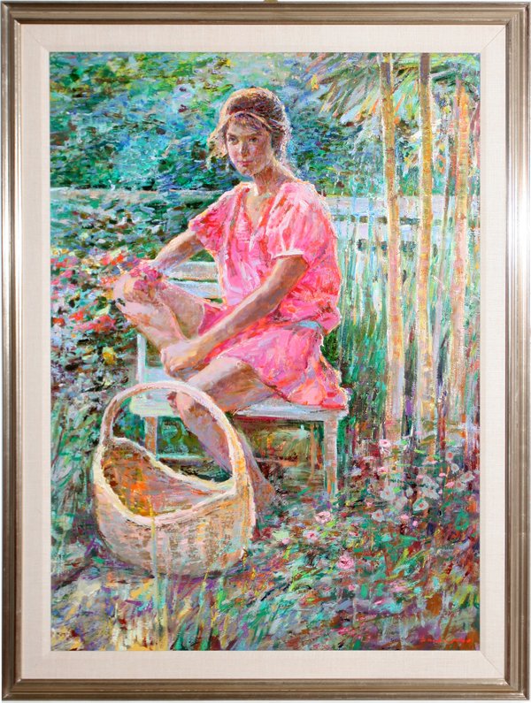 LAU CHUN OIL PAINTING ON CANVAS, 40"x30": LAU CHUN (AMERICAN B. 1941), OIL PAINTING ON CANVAS, 40" X 30":Depicting a girl seated on a garden bench with basket. Signed lower right. Vibrant colors, vigorous brushstrokes. See web site. Shows at
