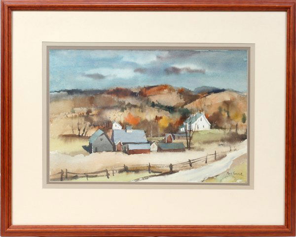 PAUL SAMPLE WATERCOLOR, AUTUMNAL COUNTRYSIDE: PAUL SAMPLE (AMERICAN, 1896-1974), WATERCOLOR, 12" X 18", AUTUMNAL COUNTRYSIDE:Image depicts autumnal colors as seen on a small farm in the country. The image is signed at the lower right and it is fr