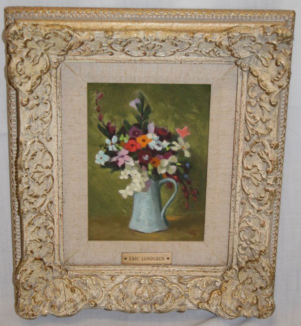ERIC LUNDGREN OIL ON BOARD, SPRING BOUQUET: ERIC LUNDGREN (AMERICAN, 1906), OIL ON ARTIST BOARD, 7" X 5", "SPRING BOUQUET":Image of flowers in a pitcher with "E.L." at the lower right corner and a gold plaque adhered to the front that reads "Er