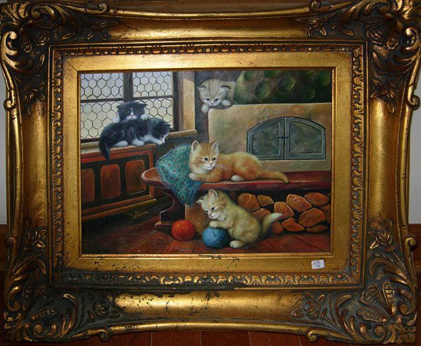 JACKY OIL ON WOOD PANEL, 'CATS', 12"x15.8": JACKY, DECORATIVE OIL ON WOOD PANEL, 'CATS', 12" X 15 3/4":Depicting six cats, signed lower right, framed.