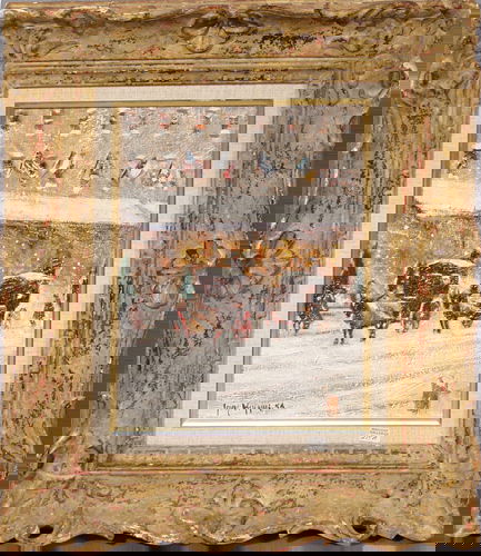 GUY CARLETON WIGGINS [USA 1883-1962], OIL ON CANV: GUY CARLETON WIGGINS [USA 1883-1962], OIL ON CANVAS, HORSE CARRIAGES, CENTRAL PARK SOUTH, 12" X 10" Depicts winter street scene with two carriages near Central Park, in front Plaza Hotel with a row of