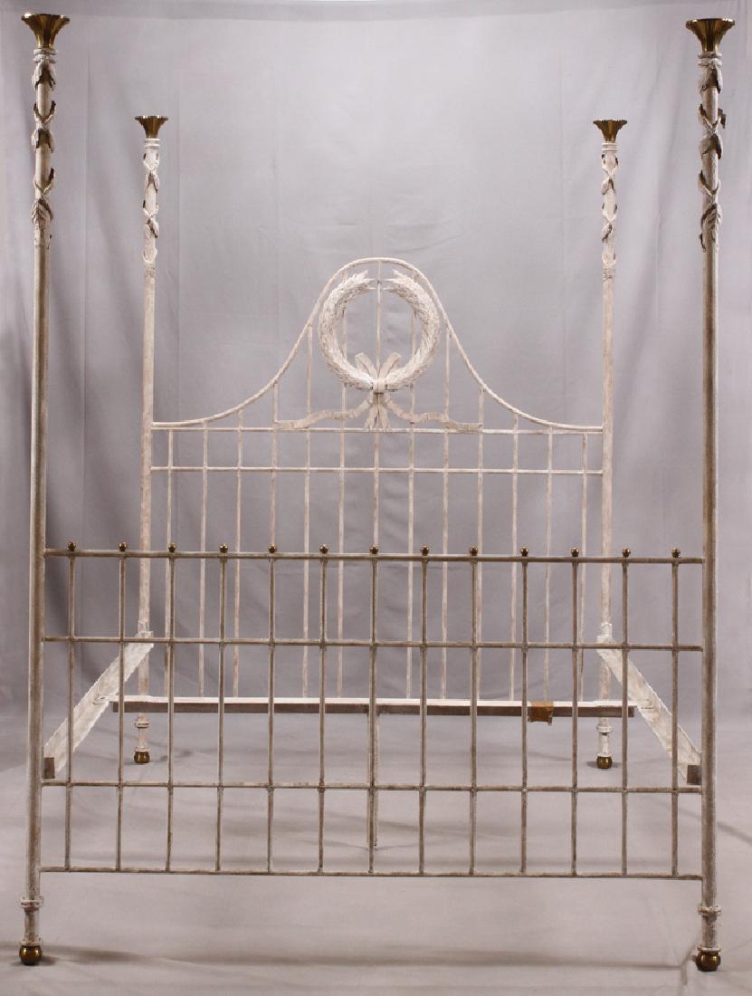 IRON BED FRAME, 5 PCS, H 83", W 63", D 70": IRON BED FRAME, 5 PCS, H 83", W 63", D 70":A metal bed frame. Offering brass trumpet finials, beading, and feet. Having a laurel wreath with ivy vine motif.