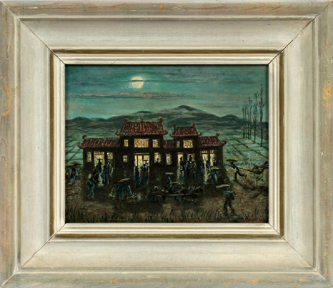 HOWARD BAER, AMERICAN OIL ON BOARD: HOWARD BAER, AMERICAN OIL ON BOARD, H 8", W 10", "KUMNING NIGHT" :Original label from Associated American Artists, 711 Fifth Avenue, New York.