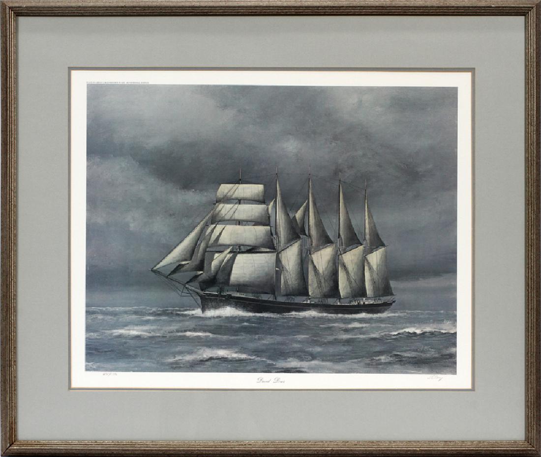 JIM CLARY, 'BICENTENNIAL EDITION', LITHOGRAPH: JIM CLARY, 'BICENTENNIAL EDITION', LITHOGRAPH ON PAPER, H 20", W 25", "DAVID DOWS" :Jim Clary "Great Lakes History In Art Bicentennial Edition", the five-masted schooner, "David Dows", 435/1076. Penci