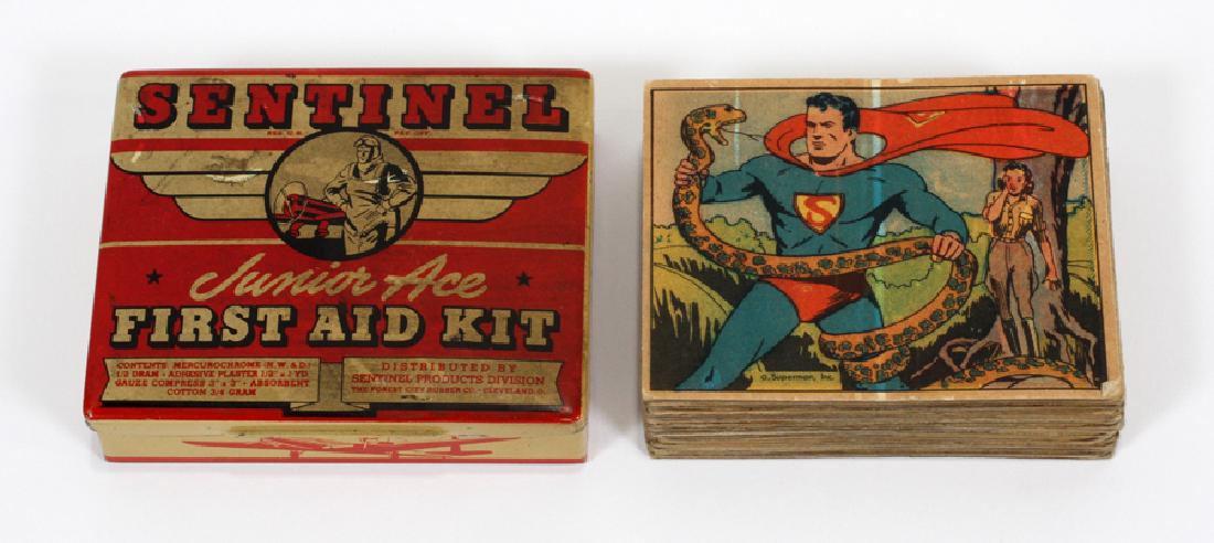 BUBBLEGUM SUPERMAN TRADING CARDS, 1940, 35 CARDS: MADE BY GUM, INC. PHILADELPHIA, PA. BUBBLEGUM SUPERMAN TRADING CARDS, 1940, 35 CARDS, H 2.5", W 3 1/8" :Gum Inc. Superman trading cards (35), plus Tin 'Sentinel Junior Ace' First-Aid Kit box, in which