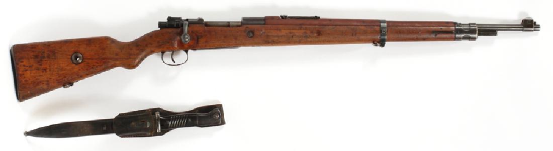 MAUSER K98 BOLT ACTION 8MM RIFLE & BAYONET, C1935: MAUSER, K98, BOLT ACTION, 8MM RIFLE AND BAYONET, C1935, 2 PCS, L 24 1/2" BBL, #36175Z :A German Mauser Model K98, 8mm, bolt action rifle. Having a 24 1/2" barrel, full-length stock, and hand protector
