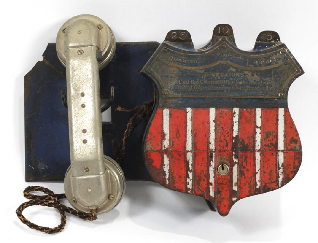 GRAY TEL-PAY STATION CO CAST IRON WALL TELEPHONE: GRAY TEL-PAY STATION CO, HARTFORD, CONN, CAST IRON WALL TELEPHONE W./ COIN BOX, H 8" W 12" :Coat of arms coin box in the form of a shield with U.S. colors, red, white and blue. Aluminum handset. - See