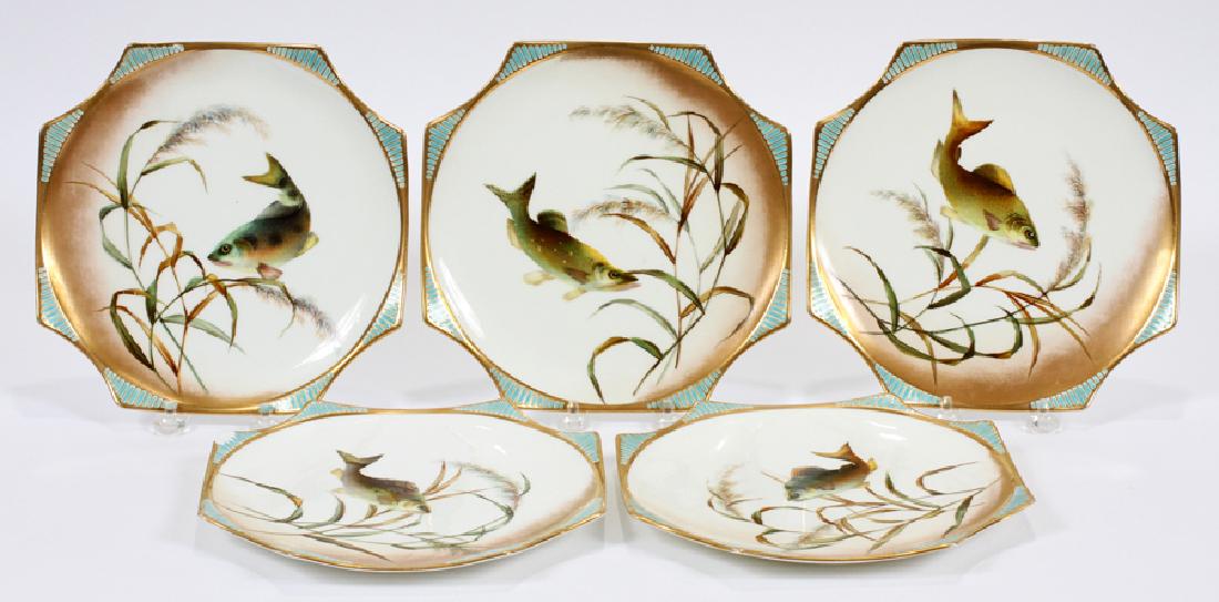 GEORGE JONES & SONS, STOKE, CRESCENT CHINA PLATES: GEORGE JONES & SONS, STOKE, CRESCENT CHINA PLATES, 5 PCS, DIA 9.75":A selection of five hand-painted George Jones Stoke & Sons crescent china plates. Each having a fish motif accented with gilt trim. 