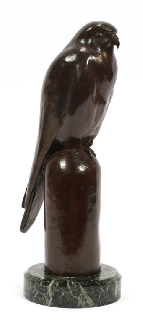 L. RAILEY, FRENCH BRONZE C. 1920 SEATED HAWK: L. RAILEY, FRENCH BRONZE C. 1920, H 12.5", SEATED HAWK :A bronze sculpture by L. Railey. Depicting a hawk seated on a capsule form pediment. Artist's signature and French foundry marks to the pediment