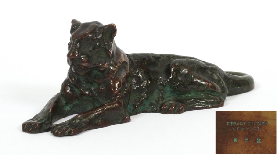 TIFFANY STUDIOS (NEW YORK) LION PAPERWEIGHT: TIFFANY STUDIOS (NEW YORK), L 5", LION PAPERWEIGHT :#932. Impressed trademark.