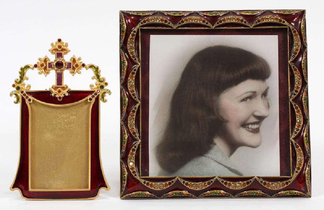 JAY STRONGWATER PHOTO FRAMES: JAY STRONGWATER, PHOTO FRAMES: BRONZE, CRYSTALS, ENAMEL, TWO, H 6", 5" :Red enamel 6" x 6", bronze easel back. Also 5" x 3", red enamel, cross on crest, bronze easel support.
