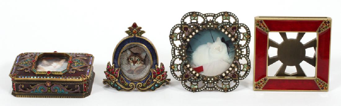 JAY STRONGWATER, PHOTO FRAMES AND RING BOX: JAY STRONGWATER, PHOTO FRAMES AND RING BOX, BRONZE, CRYSTALS, ENAMEL FOUR PIECES H 2.5" - 2.7" :Hinged cover bronze, enamel and crystals ring box 3" x 2" H 1.5" with inset for photo on cover. Also fra