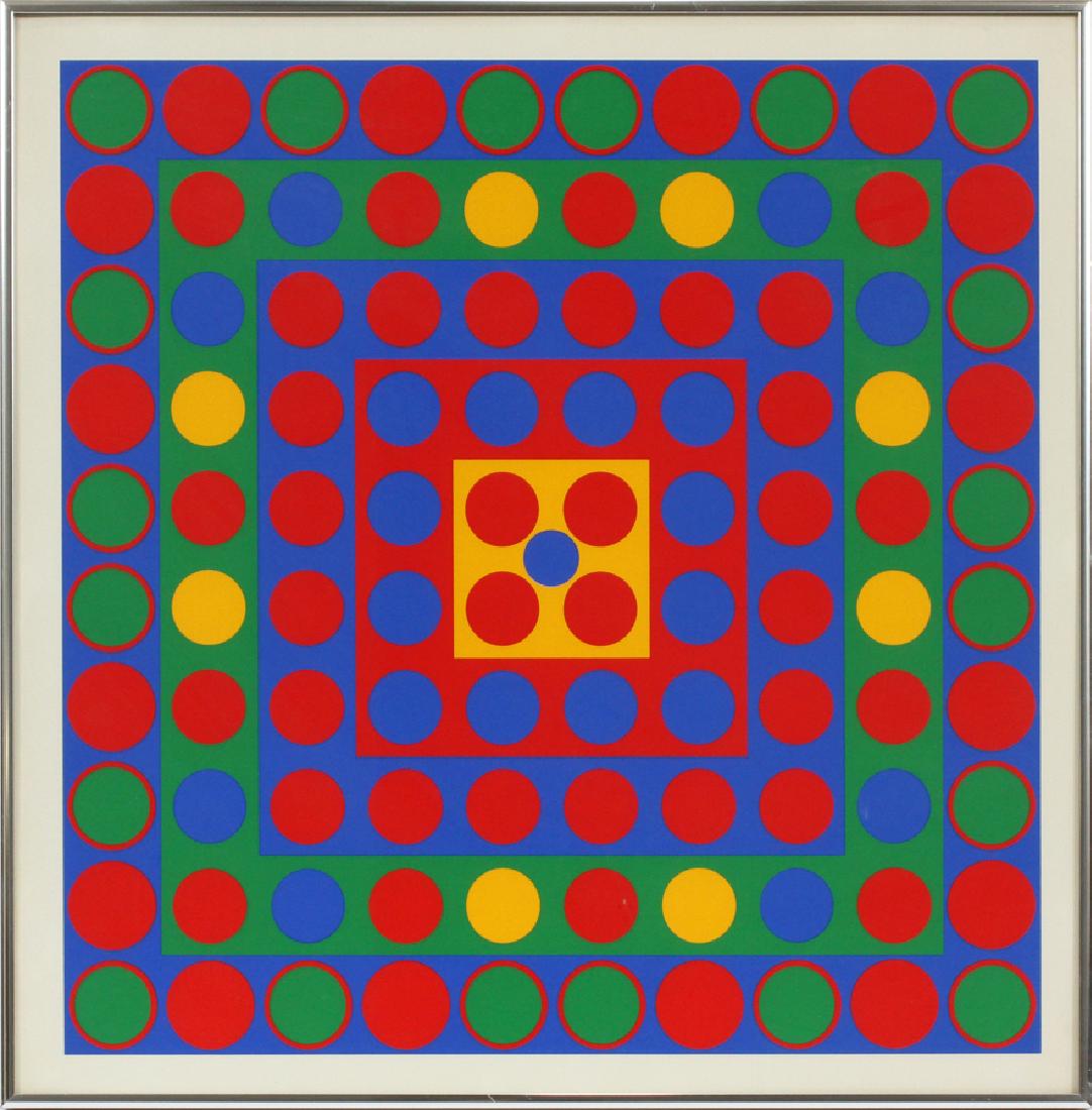 AFTER VICTOR VASARELY SERIGRAPH, H 20", L 20": AFTER VICTOR VASARELY, (HUNGARIAN 1906-1997), SERIGRAPH, H 20", L 20":A serigraph after listed Hungarian artist Victor Vasarely. This piece depicts multi-colored circles on multi-colored squares. No a
