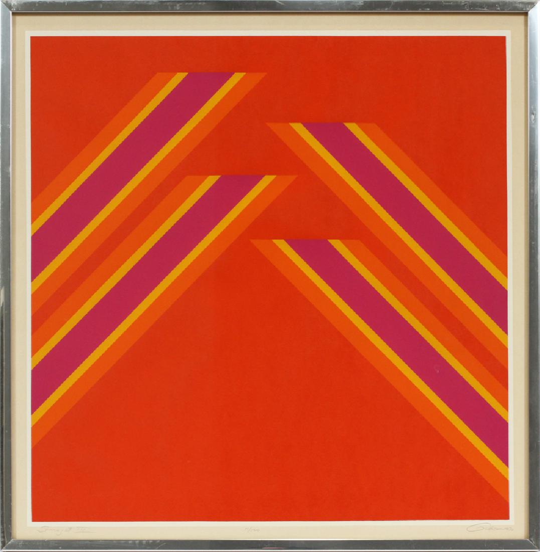 GIBSON, SERIGRAPH ON PAPER "SENNAJET III": GIBSON, SERIGRAPH ON PAPER, H 22", L 22", "SENNAJET III", (11/120) :A serigraph on paper titled "Sennajet III" by Gibson. This piece depicts a geometric composition. Numbered '11' in an edition of '12