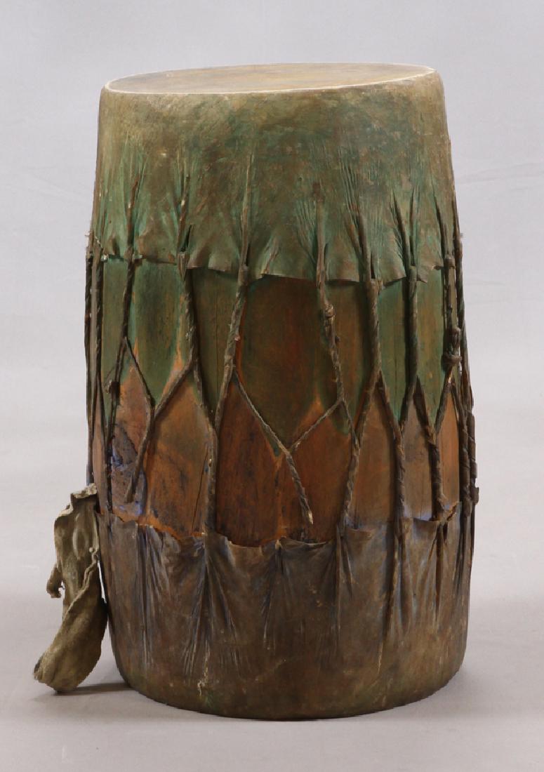 NORTH AMERICAN INDIAN DRUM, H 21 1/4", W 11 3/4": NORTH AMERICAN INDIAN DRUM, H 21 1/4", W 11 3/4" :Dark green. Does not include a drumstick.