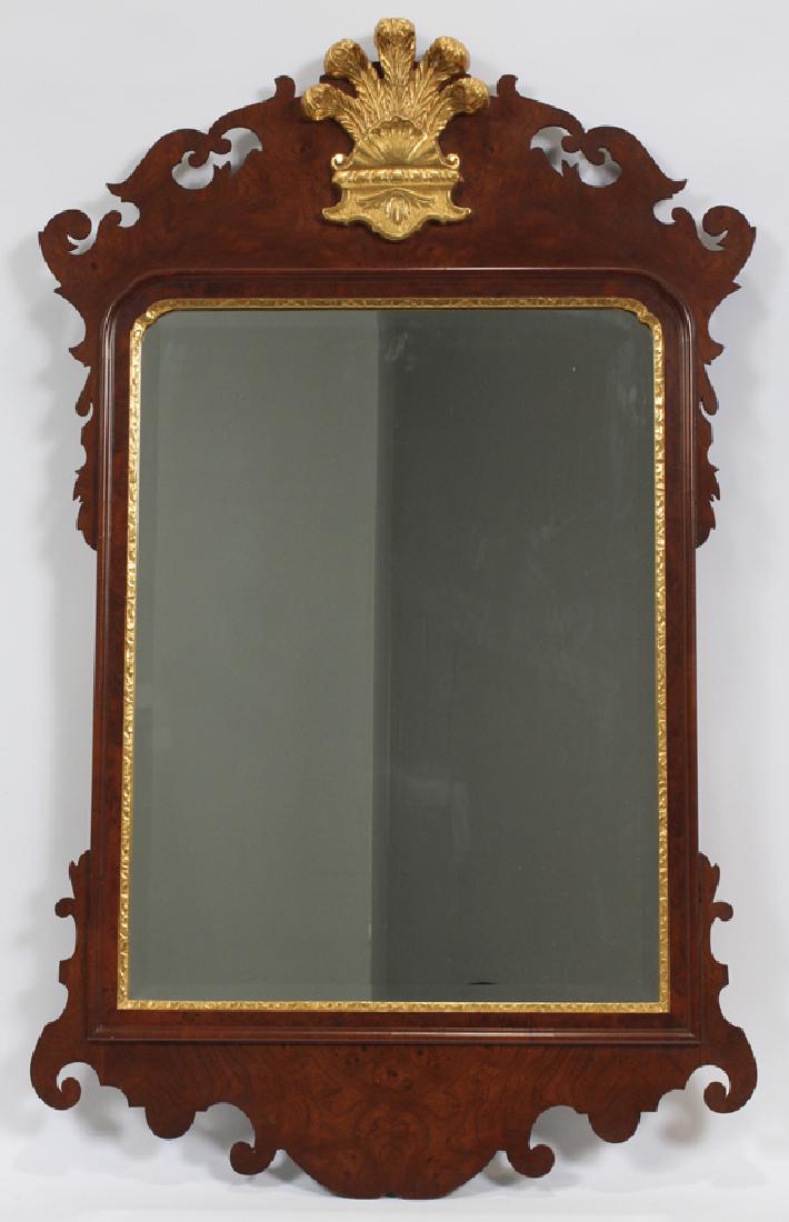 WILLIAMSBURG, MAHOGANY BEVELLED MIRROR: WILLIAMSBURG, MAHOGANY BEVELLED MIRROR H 49", W 28" :Carved and gilded plume crest. Removed from Tarragona Way, Troy, Mich.