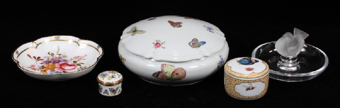LALIQUE, LIMOGES, DERBY AND HAYCYON DAYS 5 PCS: LALIQUE, LIMOGES, DERBY AND HAYCYON DAYS 5 PCS :Includes: Lalique ring holder, Limoges covered box, Dia 5 1/2"; Tiffany retailed Limoges box 2"; Halcyon Days enamel box 1 1/4"; Crown Derby 4 1/2" hand