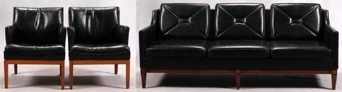 STOWE DAVIS, BLACK LEATHER CHAIRS & SOFA, 3 PCS: STOWE DAVIS, BLACK LEATHER SOFA WITH PAIR OF MARBLE IMPERIAL CHAIRS, 3 PCS :A Stove Davis black leather sofa along with a Pair of Marble Imperial chairs. Having a wood frame.From the Estate of Wallace