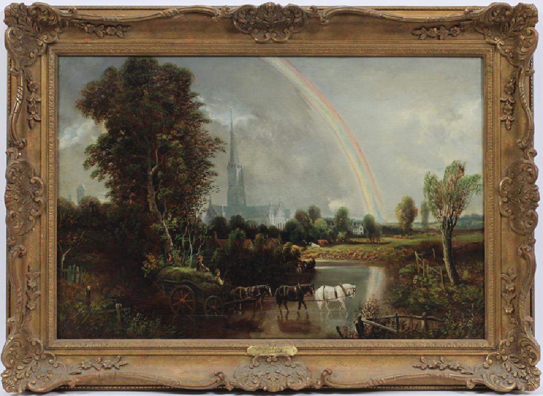 FREDERICK WATERS WATTS OIL ON CANVAS "SALISBURY": FREDERICK WATERS WATTS (ENGLISH, 1800-1862), OIL ON CANVAS, H 19.5", L 29.5", "SALISBURY" :After John Constable. Depicting a hay wagon going through a stream with a rainbow over Salisbury Cathedral of