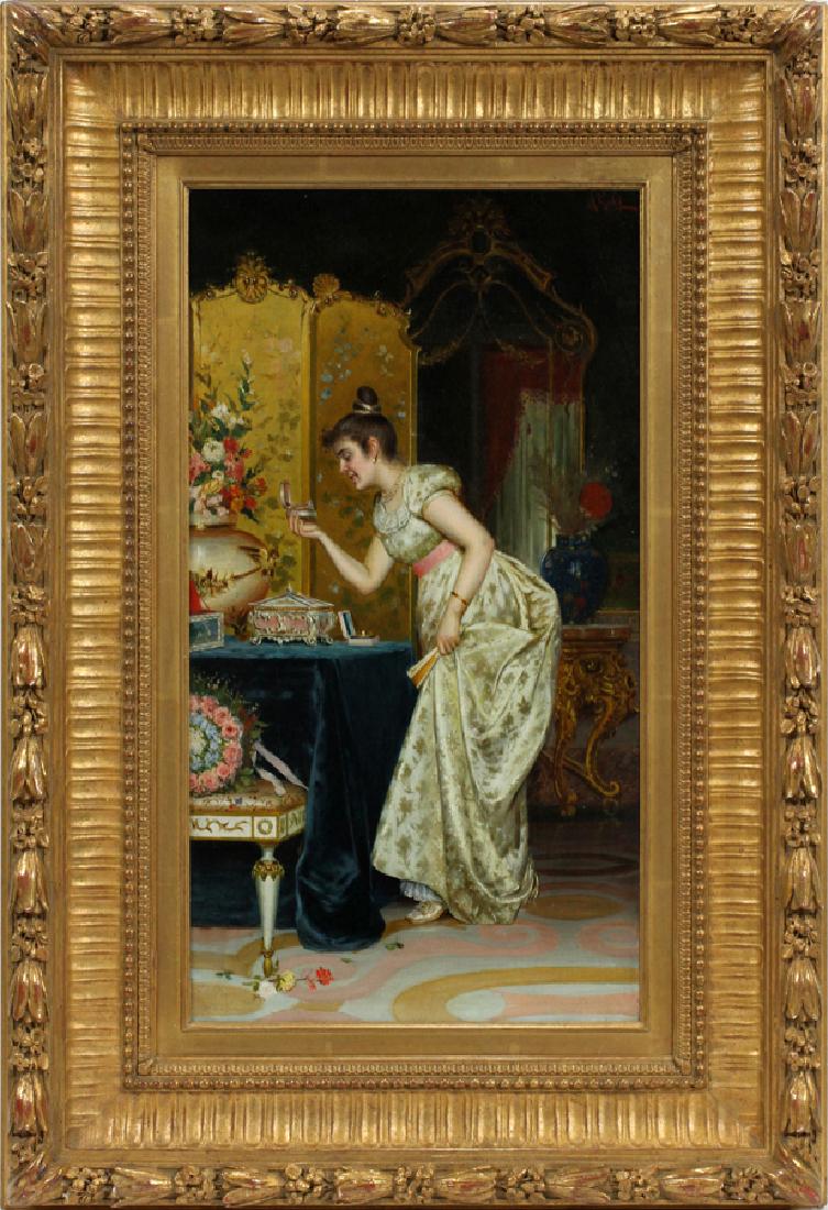 ALPENORE GOBI OIL ON CANVAS, H 28", W 15": ALPENORE GOBI (ITALIAN 1864-1960) OIL ON CANVAS, H 28", W 15" :Signed upper right. Standing woman holding a opened jewelry box. Frame 40" x 37". Doyle, New York auction sticker.