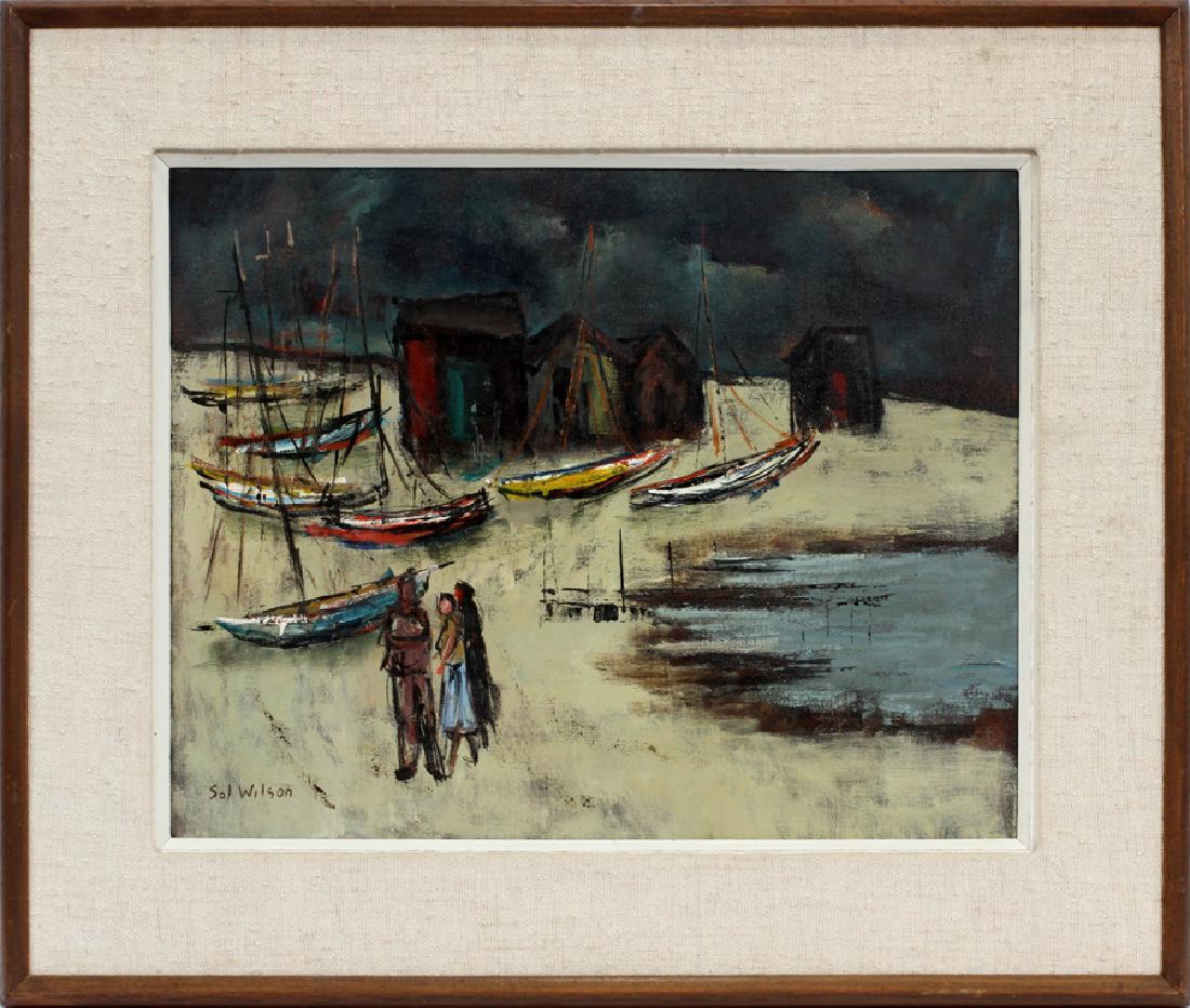 SOL WILSON OIL ON CANVAS DOCKING SCENE: SOL WILSON (POLISH, 1896-1974), OIL ON CANVAS, H 15.5", L 19.5", DOCKING SCENE :An oil on canvas by listed Polish artist, Sol Wilson. Depicting a docking scene under dark skies. Artist's signature to 
