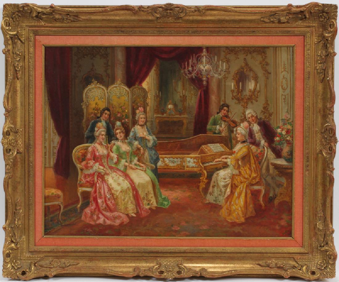 BYAR, OIL ON CANVAS 1917 VIENNA PARLOR SCENE: BYAR, OIL ON CANVAS 1917 H 17" W 23" VIENNA PARLOR SCENE :Signed Byar. Seven figures in elegant parlor enjoying piano concert. Dated '17. Quality frame 25" x 30".