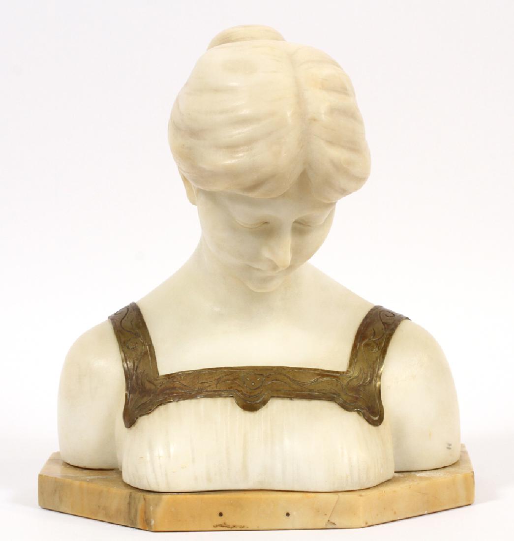 SIGNED LENTER, AG, CARVED ALABASTER SCULPTURE: SIGNED LENTER, AG, CARVED ALABASTER SCULPTURE, C. 1900, H 10.5", "MEDITATION" :A carved alabaster sculpture of the bust a young woman with bronze applique. Inscribed signature, "Lenter, AG" on the ver