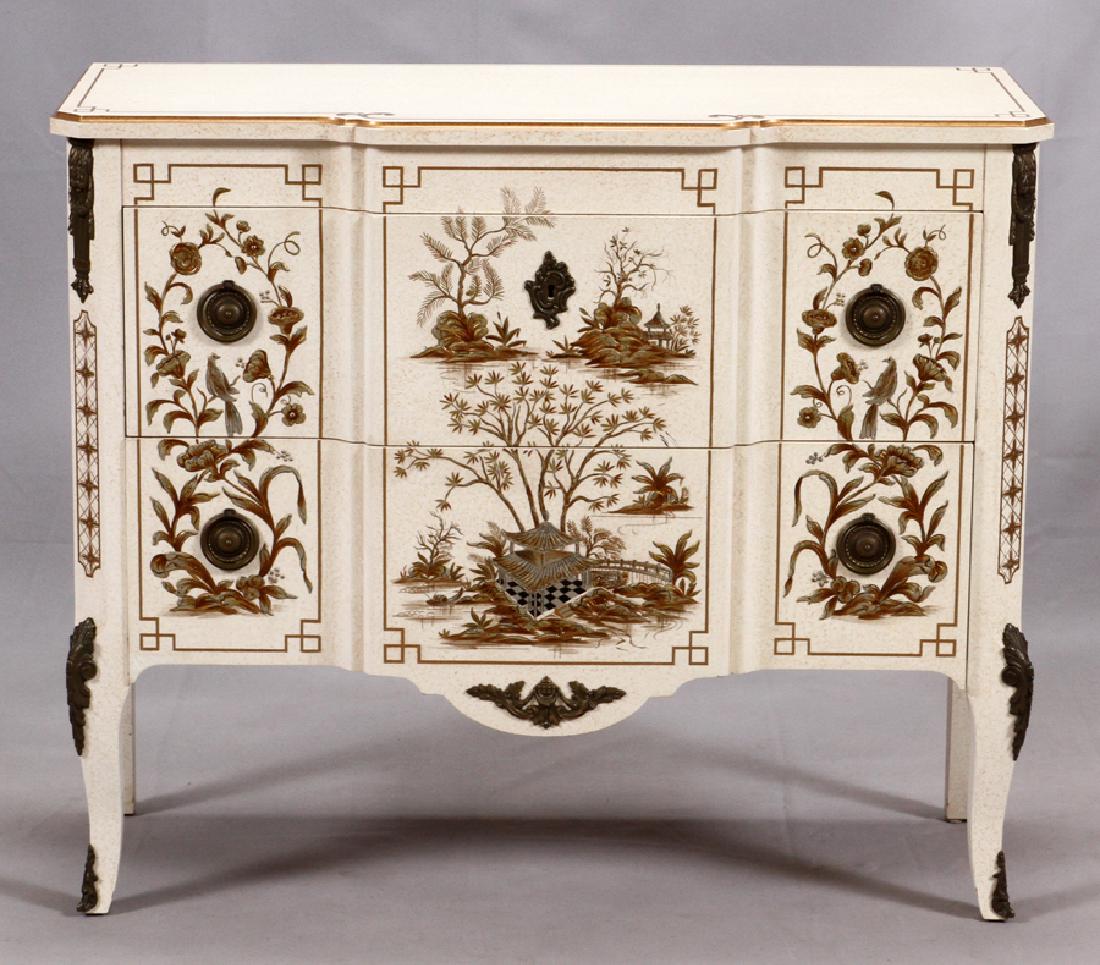JOHN WIDDICOMB, CHINOISERIE CHEST: JOHN WIDDICOMB, CHINOISERIE CHEST, H 32", W 38", D 16" :Having two drawers. Ivory color lacquered finish.