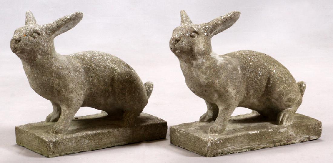 CAST CEMENT GARDEN RABBITS, PAIR, H 12", L 14": CAST CEMENT GARDEN RABBITS, PAIR, H 12", L 14" : From the Estate of Wallace D.Riley, Grosse Pointe Farms.