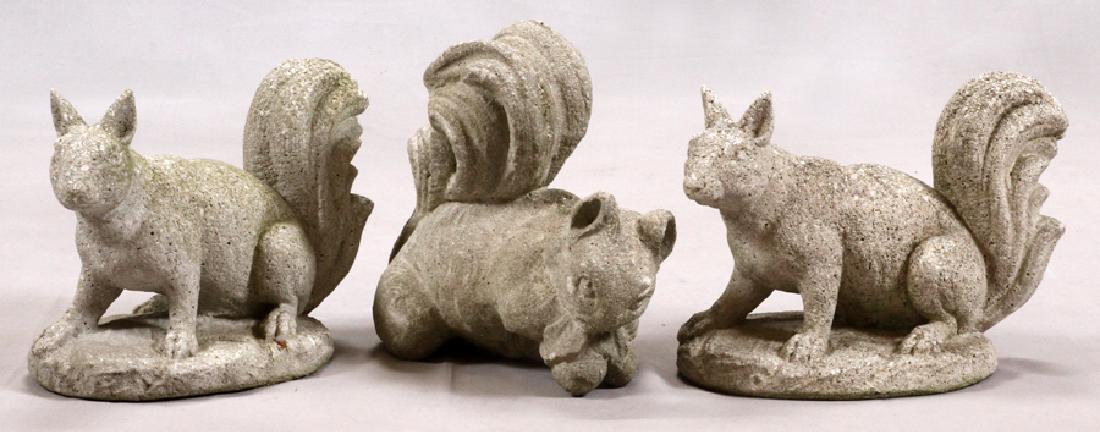 CEMENT GARDEN SQUIRRELS, 3: CEMENT GARDEN SQUIRRELS, 3 :The pair of squirrels each have a height of 10", a length of 14" and a depth of 8". The other squirrel has a height of 12", a length of 13" and a depth of 6". From the Esta