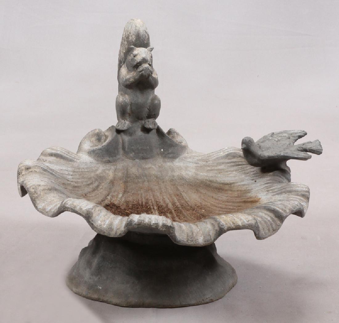 LEAD SQUIRREL AND BIRD BIRD BATH, H 13", L 16": LEAD SQUIRREL AND BIRD BIRD BATH, H 13", L 16" : From the Estate of Wallace D.Riley, Grosse Pointe Farms.