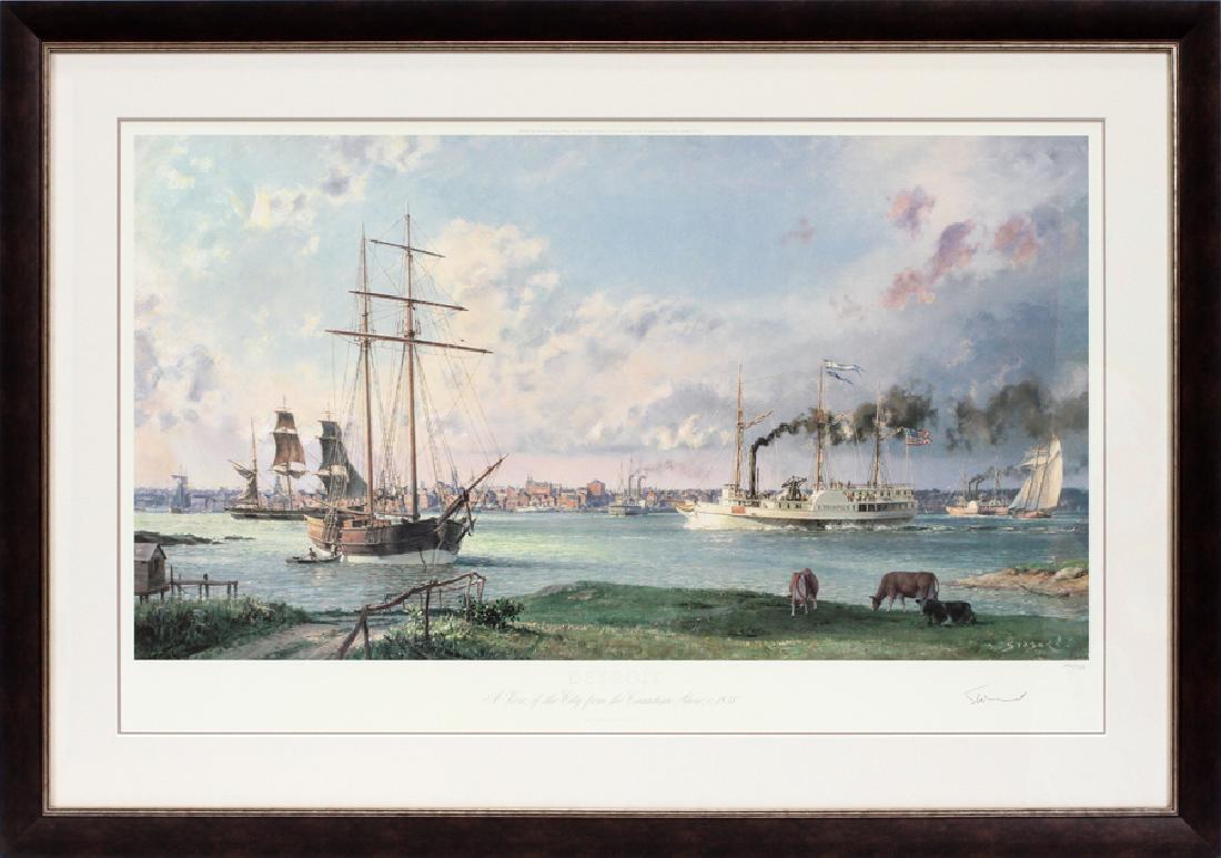 JOHN STOBART REPRODUCTION PRINT: JOHN STOBART (AMERICAN, B. 1929), REPRODUCTION PRINT, H 18", W 33", "DETROIT A VIEW OF THE CITY FROM THE CANADIAN SHORE" :Numbered 126/750. Framed and matted under glass. Property of Robert Welchli Tr