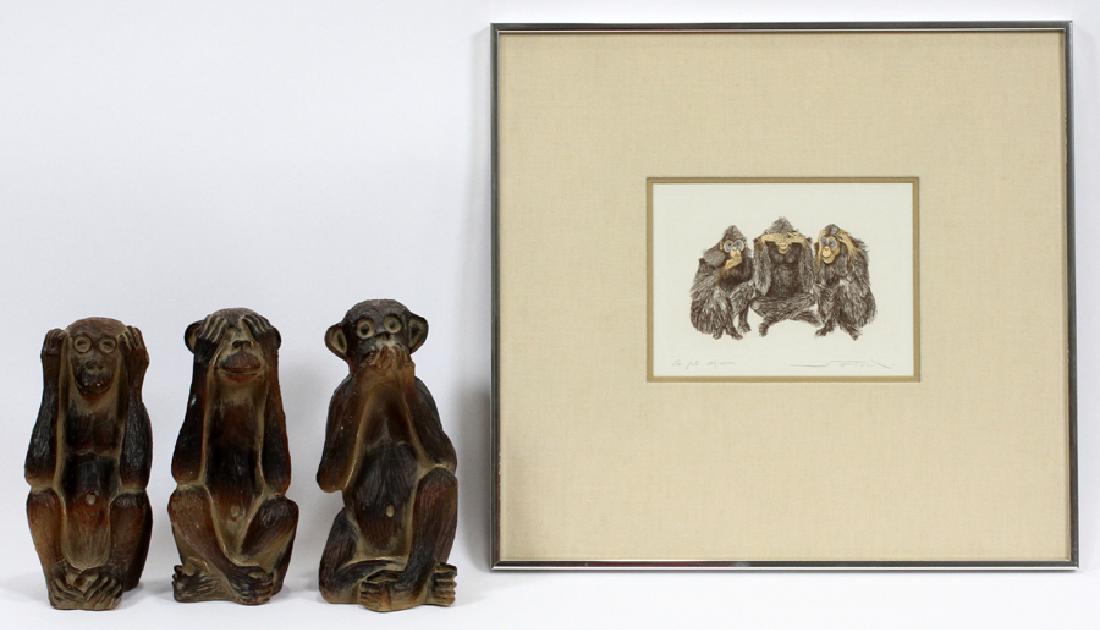 ETCHING & SCULPTURES, 4 PCS: ETCHING & SCULPTURES, 4 PCS, H 19 1/2", L 18 1/4", "SEE NO EVIL, HEAR NO EVIL, SPEAK NO EVIL" :An etching of monkeys titled "See No Evil, Speak No Evil, Hear no Evil" to the lower margins. Includes th