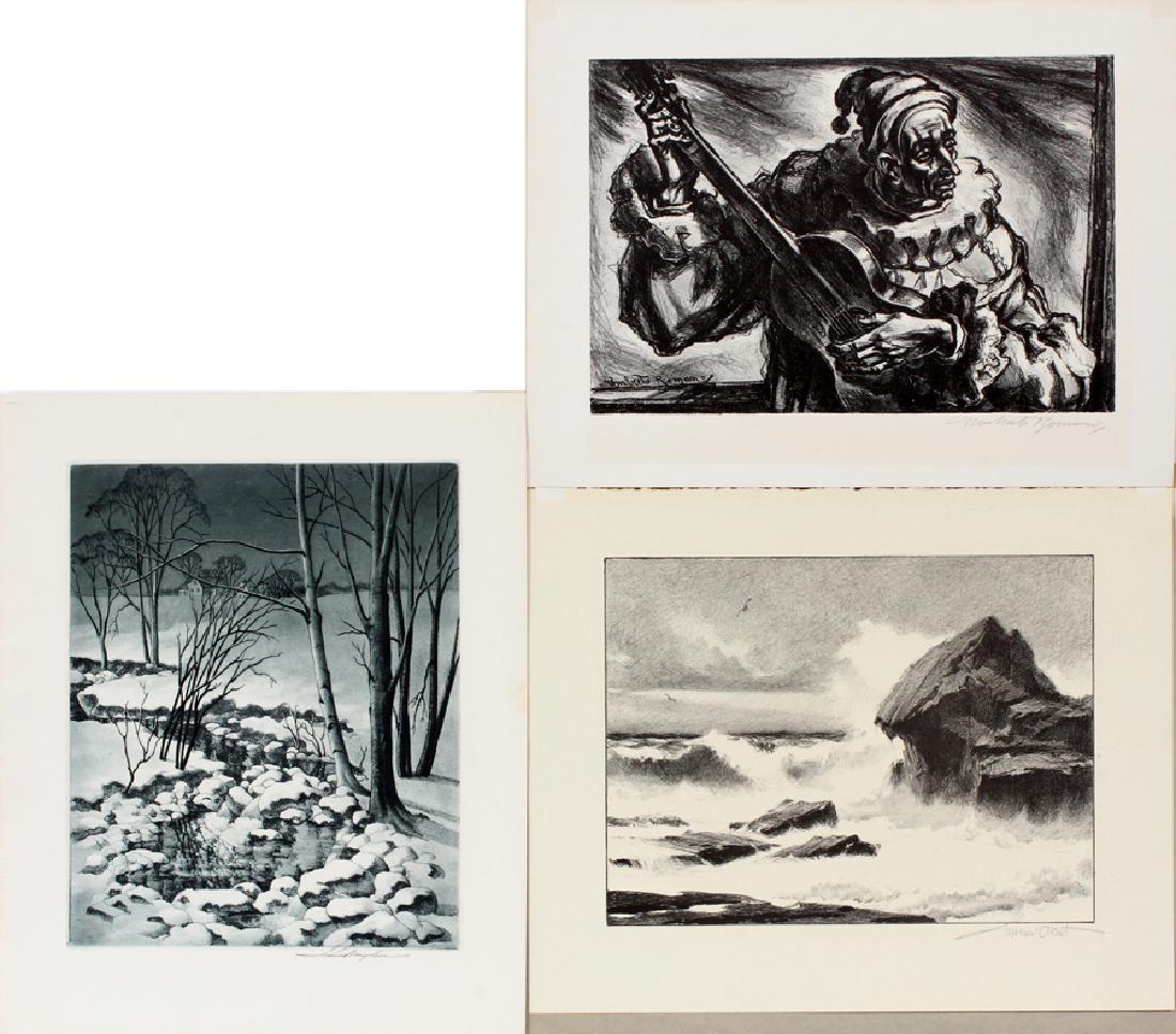 LITHOGRAPHS LOT OF THREE: GORDON GRANT, A. L. MARGOLIES AND UMBERTO ROMANO LITHOGRAPHS LOT OF THREE :GORDON GRANT LITHOGRAPH "CONFLICT" IMAGE SIZE 9" X 12", PENCIL SIGNED. S. L. MARGOLIES ETCHING "PATH TO THE SEA" 12" X 9 5/8"